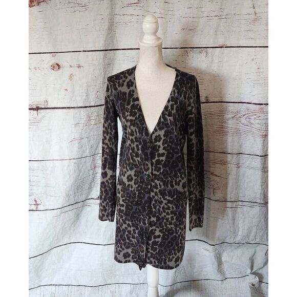 Diane Von Furstenberg Leopard Print Wool Blend Long Button Front Cardigan Size M - Picture 1 of 7